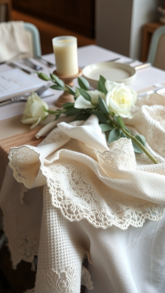 A beautifully set Thanksgiving table with layered cream-colored fabrics and white roses.