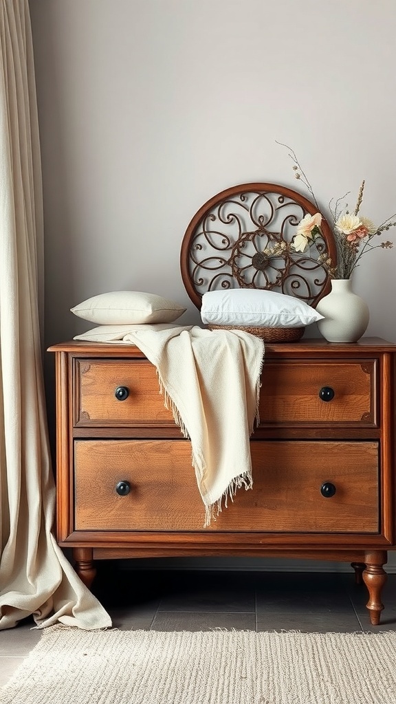 A wooden dresser with pillows, a throw, and a vase of dried flowers on top.