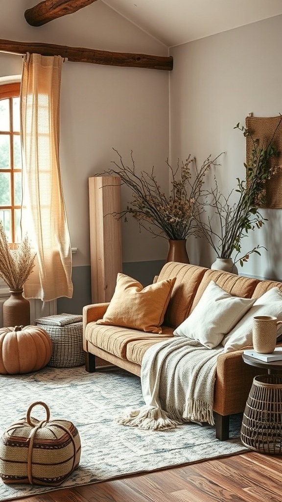 Cozy living room with a brown sofa, warm cushions, a throw blanket, a patterned rug, and decorative elements like dried flowers and a pumpkin.