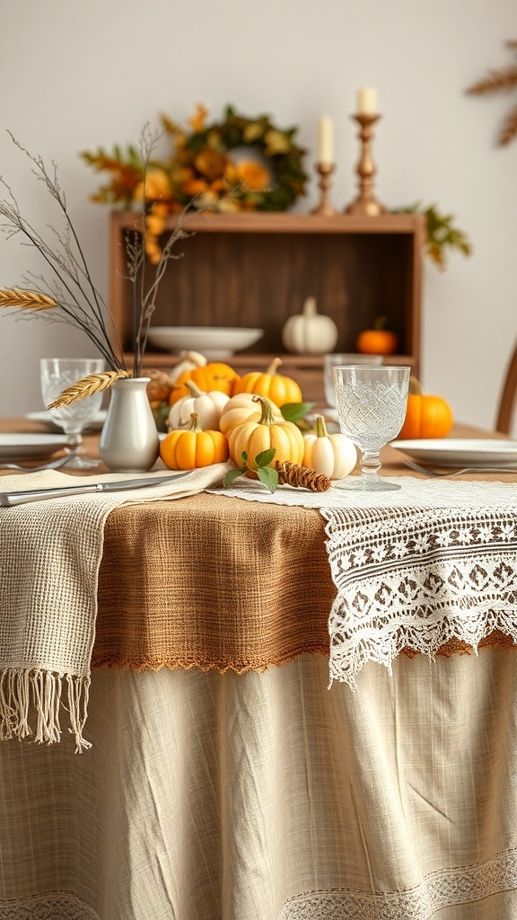 A fall-themed table setting with layered linens, pumpkins, and decorative elements.