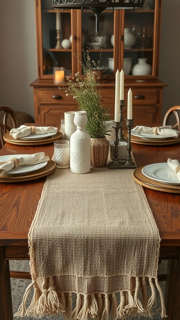 A dining table decorated with a beige woven table runner, plates, napkins, and a small green plant centerpiece.