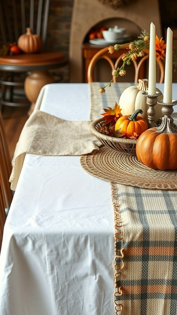 A Thanksgiving table with a white tablecloth, plaid table runner, woven placemat, mini pumpkins, autumn leaves, and candlesticks.