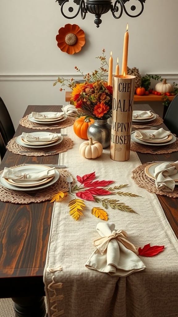 A beautifully set Thanksgiving table featuring a layered table runner with autumn leaves, round placemats, and a centerpiece of flowers and candles.