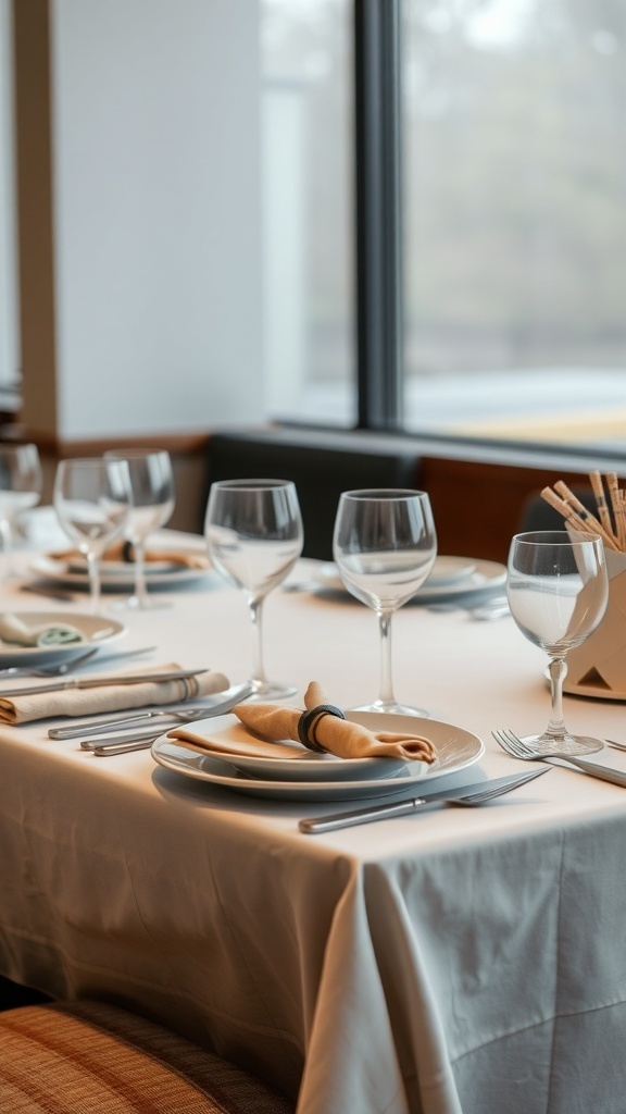 A fall dining table set with layered textures, featuring a white tablecloth, elegant plates, and glassware.