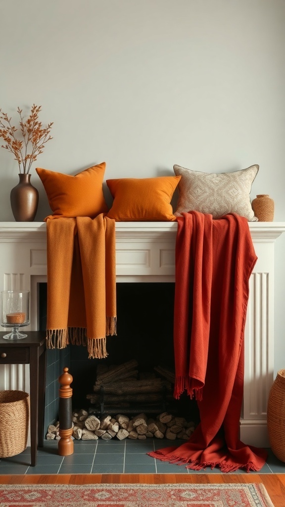 A cozy fireplace mantel decorated with orange and red throws and pillows, along with a vase of dried flowers.