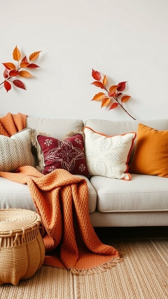 A cozy sofa decorated with orange and burgundy throws and pillows, featuring autumn leaves on the wall.