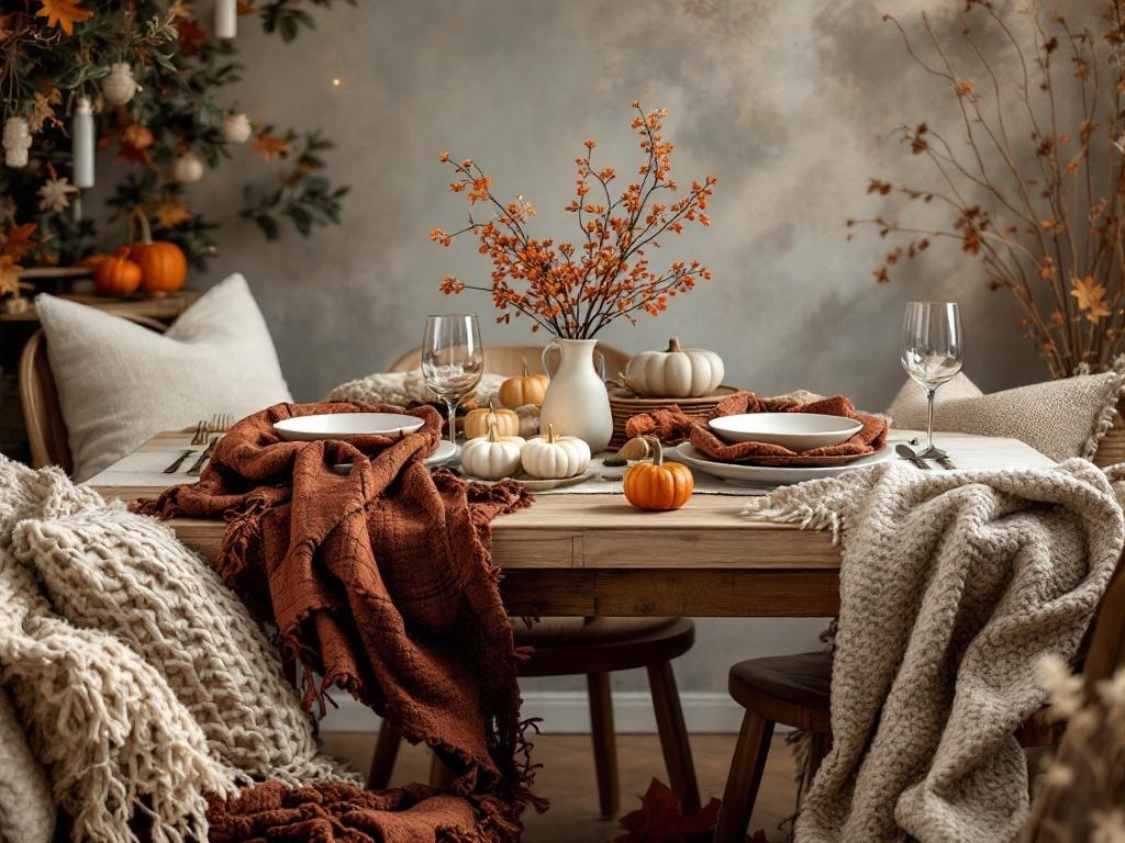 A cozy Thanksgiving table setting with layered textures, featuring throws, pillows, pumpkins, and autumn decorations.