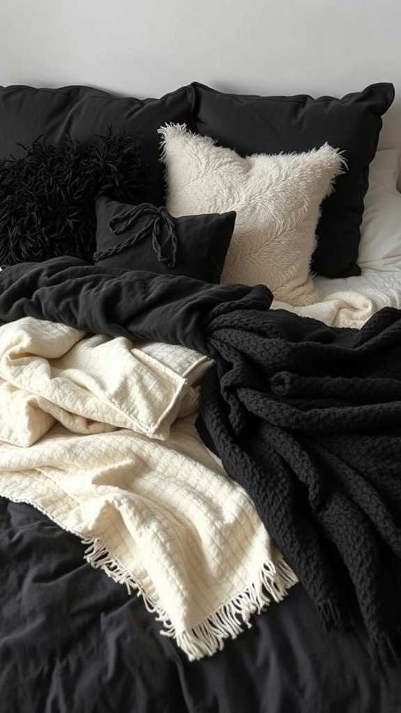 A cozy bed with black and cream pillows and throws, showcasing layered textures.