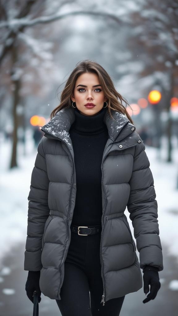 A woman wearing a black turtleneck and gray puffer jacket walking in a snowy park.