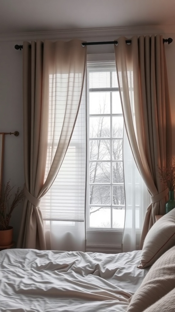A cozy bedroom window with layered sheer and heavy curtains, showcasing a winter view.