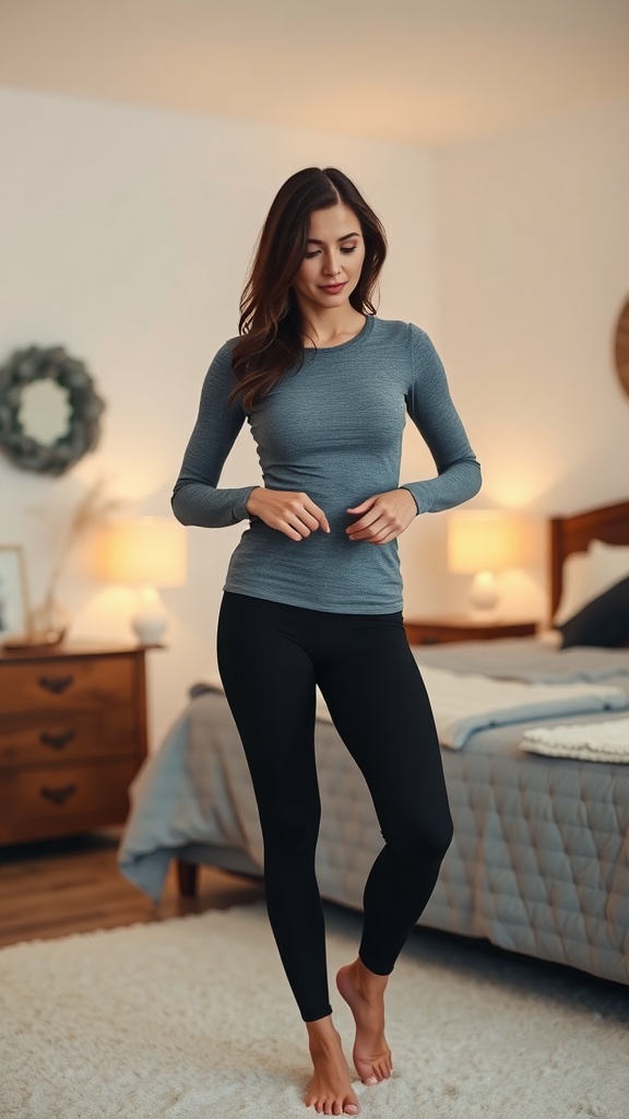 A woman wearing a fitted long-sleeve top and leggings, standing in a cozy bedroom setting.