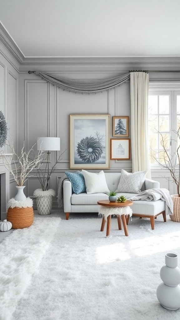 A cozy winter-themed living room with gray walls, white rug, and blue accents.