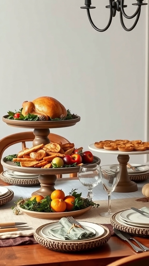 A modern Thanksgiving table with elevated serving platters featuring a turkey, snacks, and fruits.