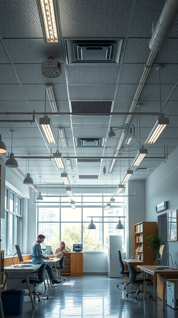 A modern office space with various light sources, including overhead lights and pendant lamps.