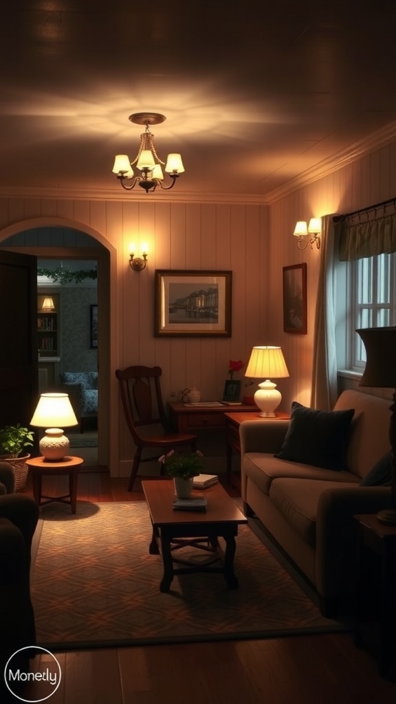 Cozy cottage living room with layered lighting