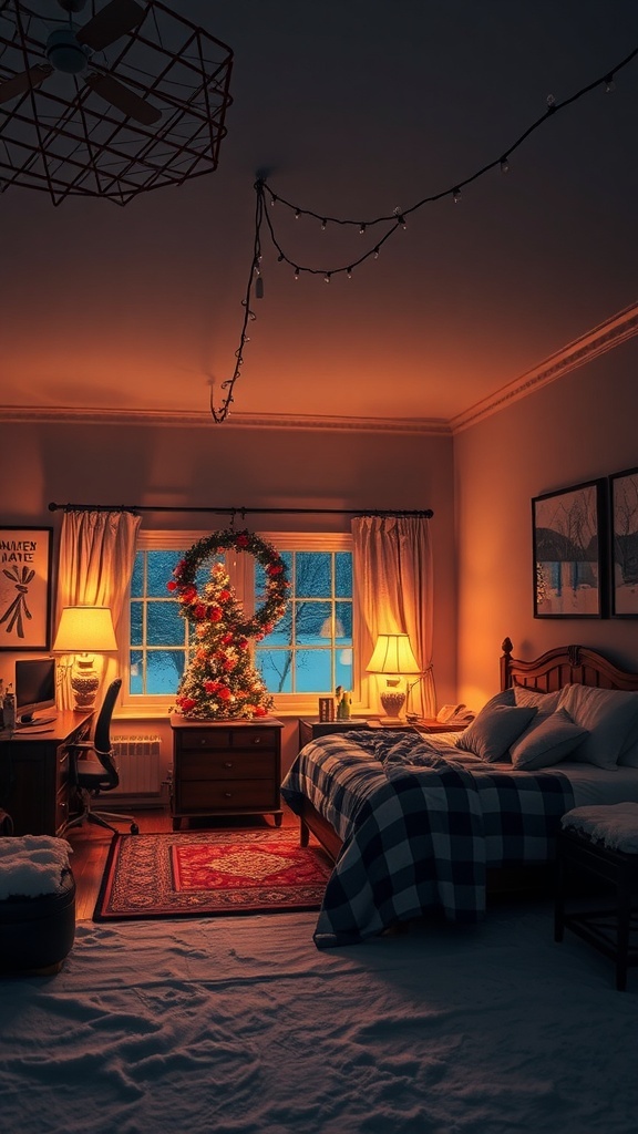 A cozy winter bedroom with layered lighting, featuring warm lamps and fairy lights.