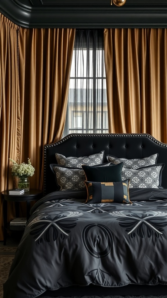 A stylish black and tan bedroom featuring layered patterns with a black bed, tan curtains, and decorative pillows.