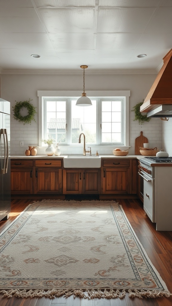 A cozy farmhouse kitchen with layered rugs, showcasing a warm and inviting atmosphere.