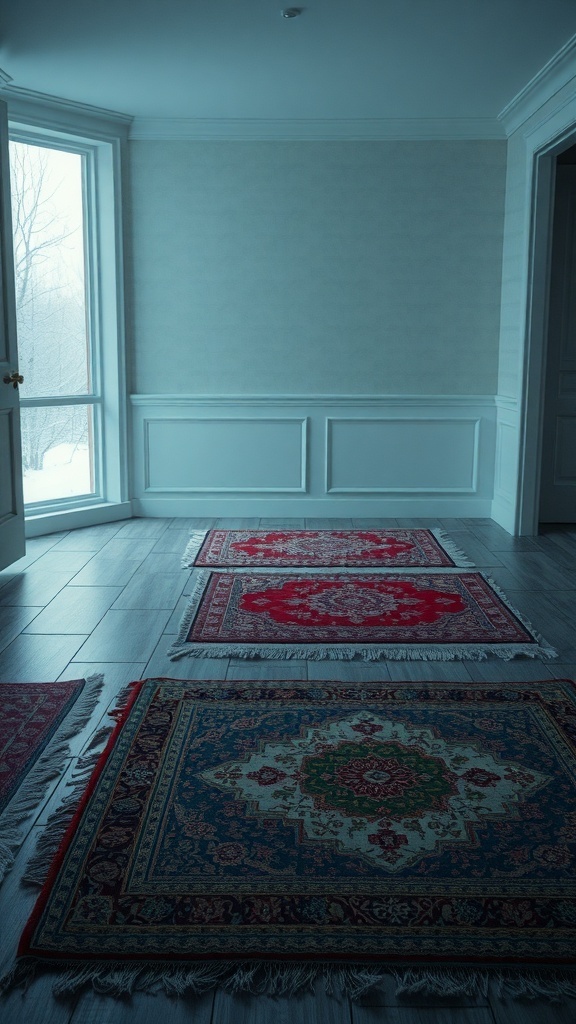 A cozy winter room with layered rugs on the floor.