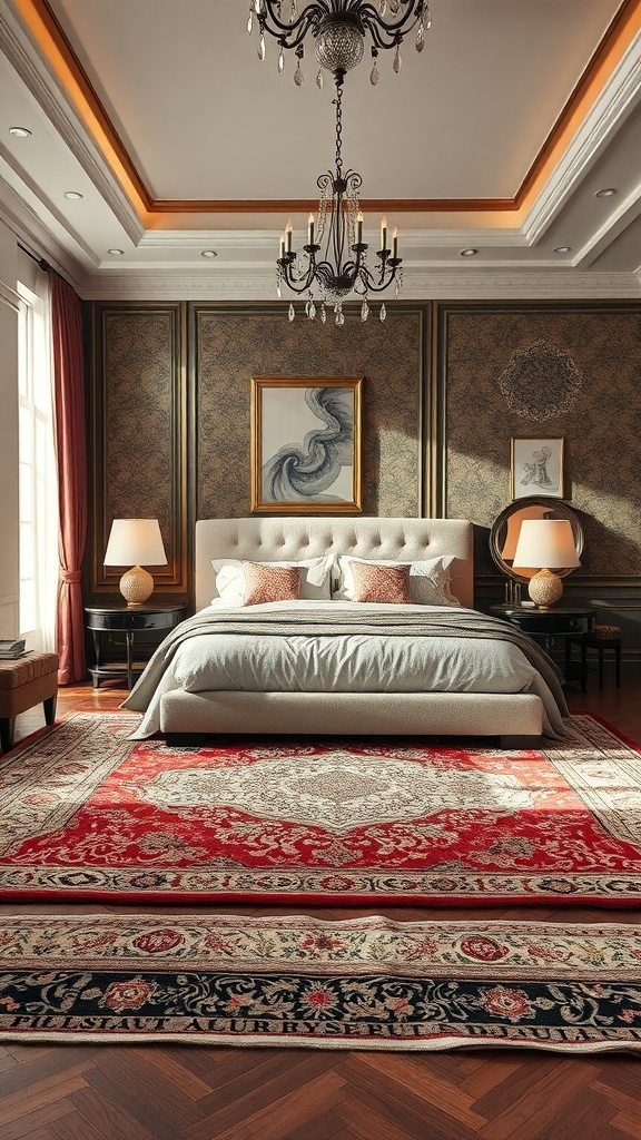 A luxurious bedroom with layered rugs, featuring a large red and cream rug under a smaller dark rug, elegant bed, and stylish decor.