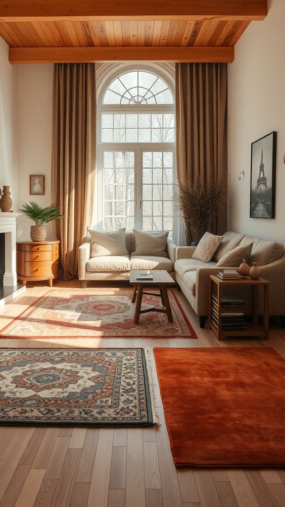 A warm-tone living room with layered rugs, featuring a cozy sofa and natural light.