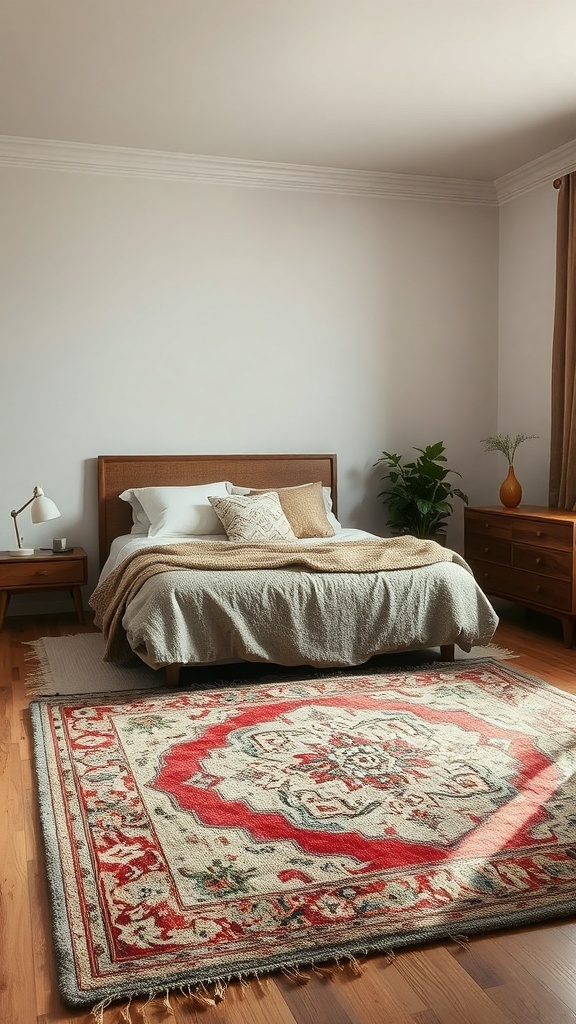 A cozy bedroom featuring layered rugs, a wooden bed, and earthy tones.