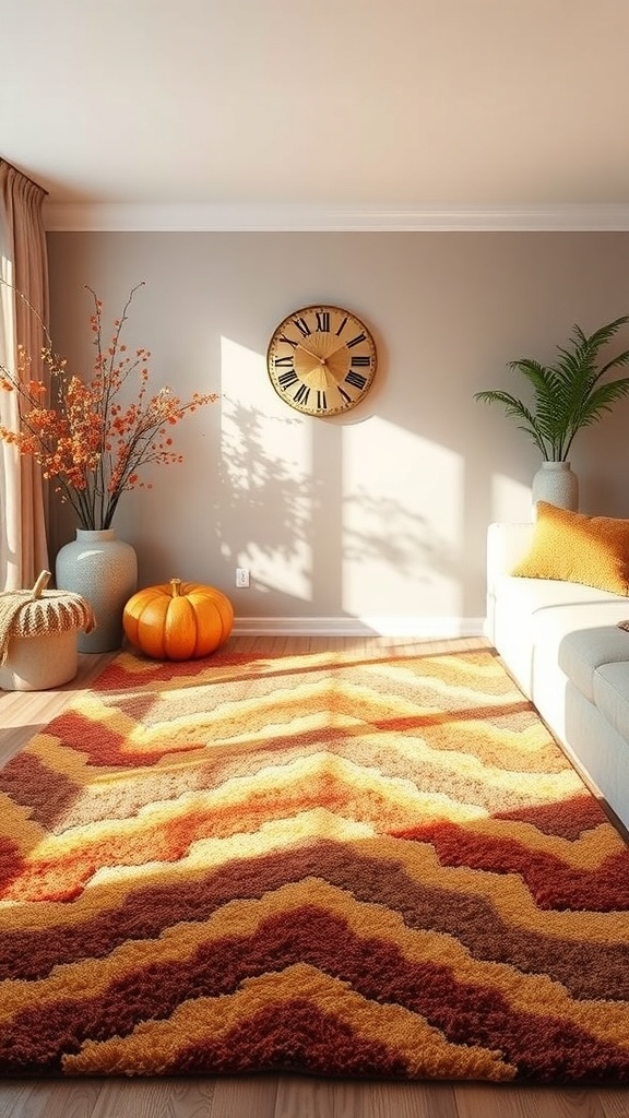 A cozy fall living room with a vibrant zigzag-patterned rug in warm colors, a pumpkin, and autumn decor.
