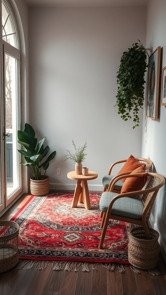 A cozy coffee nook with layered rugs, a small table, and plants.