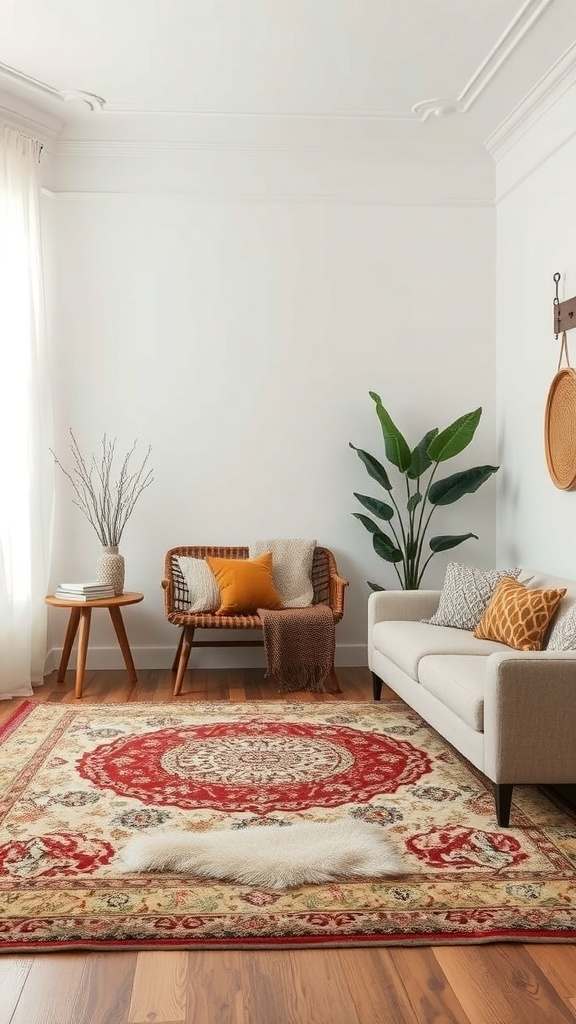 A cozy living room with layered rugs, featuring a patterned main rug and a fluffy smaller rug, complemented by warm-toned furniture.