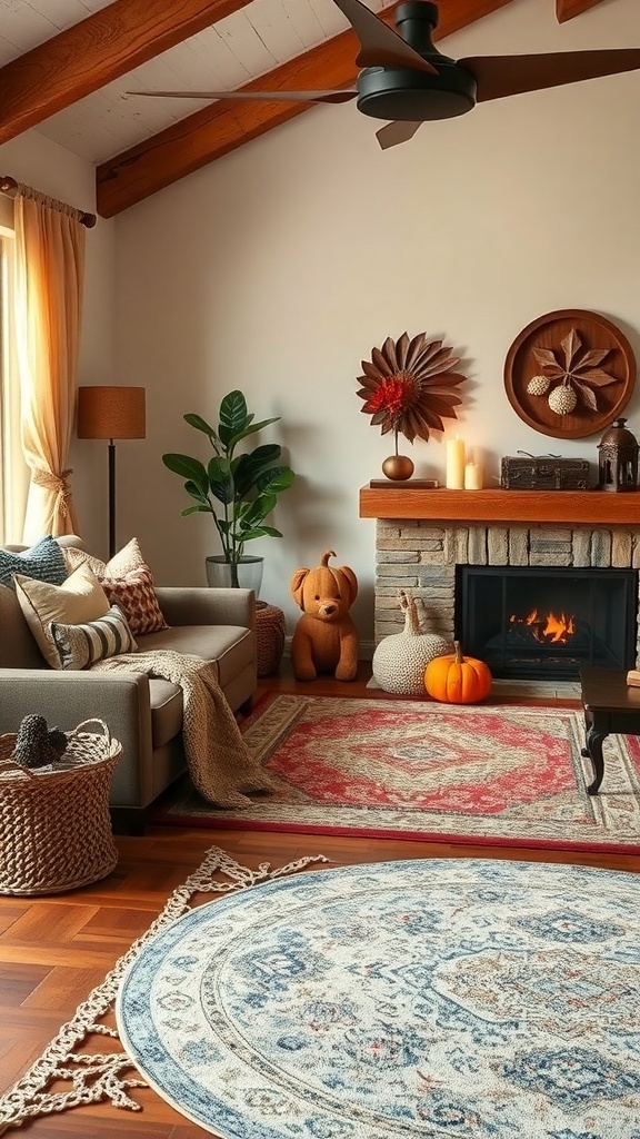 A cozy living room with layered rugs, featuring warm autumn colors, a fireplace, and a pumpkin.