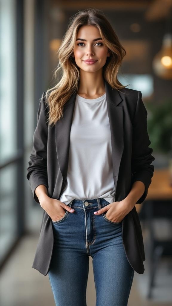 A woman in a tailored blazer over a white tee and jeans, showcasing a business casual outfit.