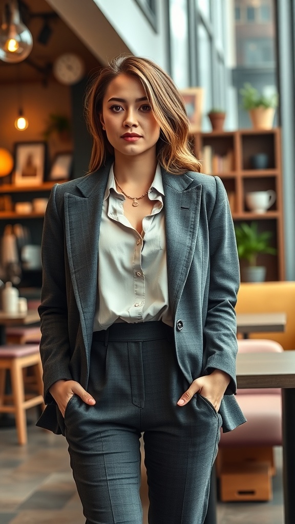 A woman in a tailored gray suit with a light blouse, standing confidently in a stylish cafe.
