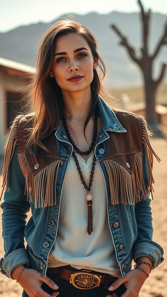 A woman in a denim jacket with fringe details, wearing a white top and long necklace, showcasing a western chic outfit.