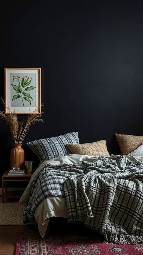 A cozy bedroom with a black wall, featuring layered textiles on the bed, including a plaid blanket and patterned pillows.