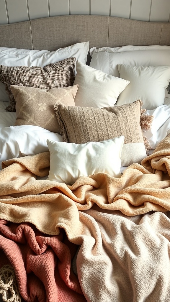 A cozy bed with layered pillows and blankets in soft colors.