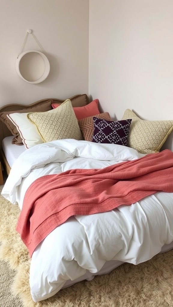 A small bedroom with layered textiles including a cozy blanket, decorative pillows, and a stylish throw.
