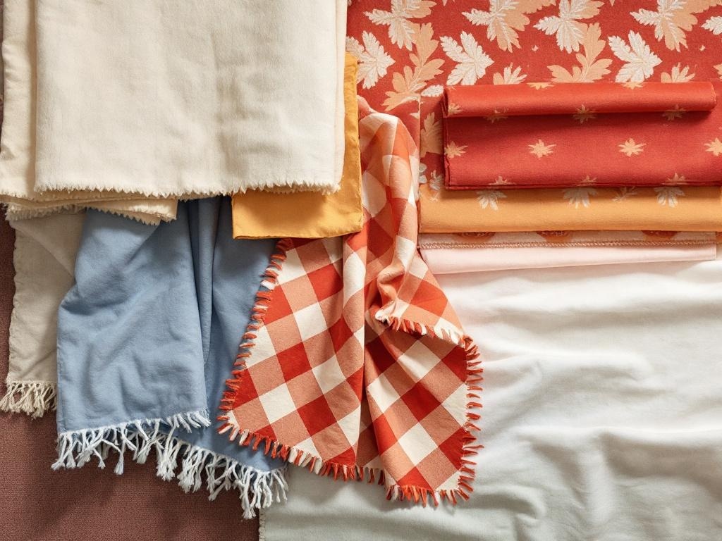 Assortment of warm-toned textiles including solids and patterns arranged for Thanksgiving decor.