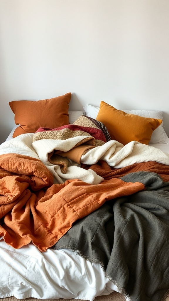 A cozy bed with layered blankets and pillows in warm autumn colors.