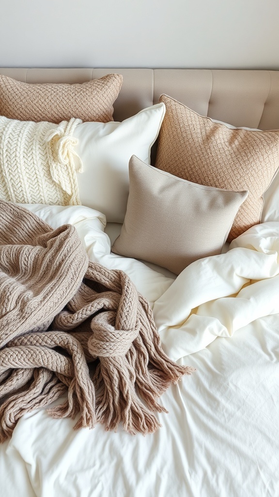 A cozy bed with layered pillows and a chunky knit blanket, showcasing fall bedroom decor.