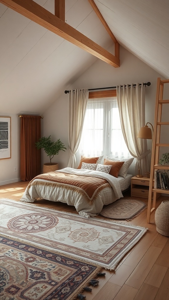 Cozy loft bedroom with layered textures, warm color palette, and natural elements.