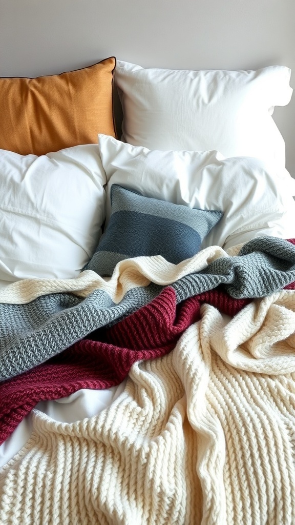 Cozy bed with layered blankets and pillows in fall colors
