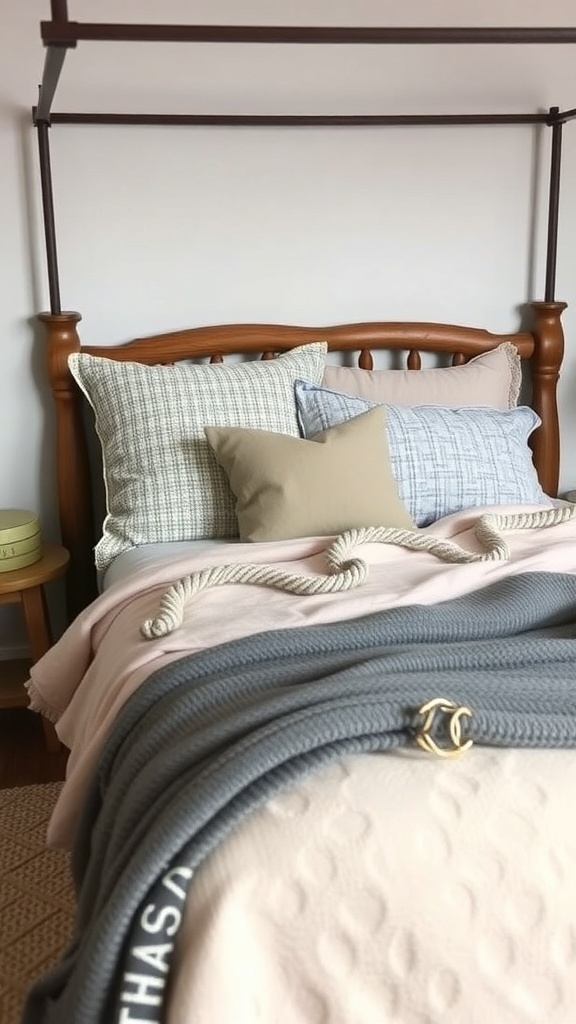 A rustic bed frame with layered pillows and blankets for a cozy look.