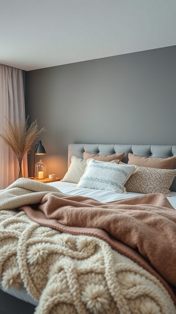 A cozy modern bedroom featuring layered textures with blankets and pillows.
