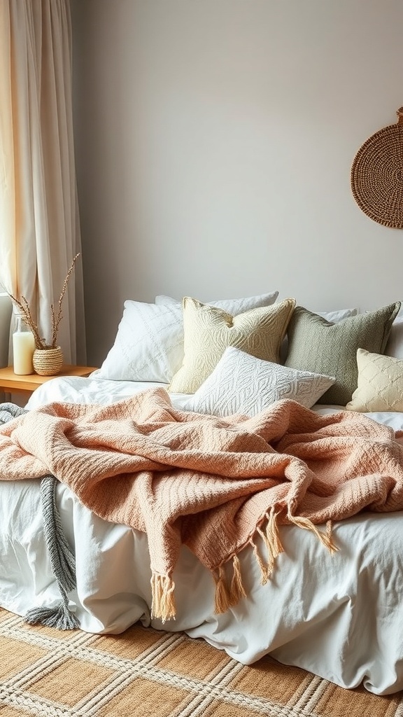 A cozy bedroom with layered textures including soft blankets and pillows.