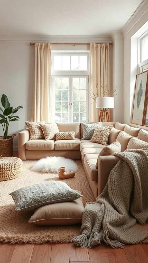 A cozy living room with a soft beige couch, layered pillows, and a warm rug.