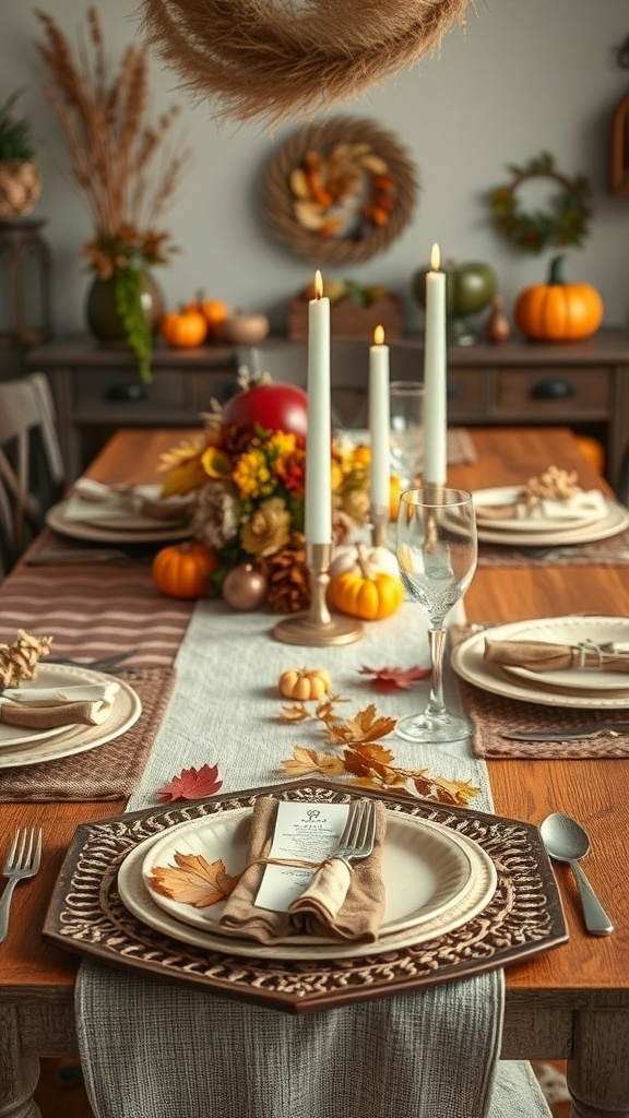 A beautifully set Thanksgiving dinner table with layered textures, featuring a wooden table, linen runner, decorative plates, and autumn-themed centerpieces.
