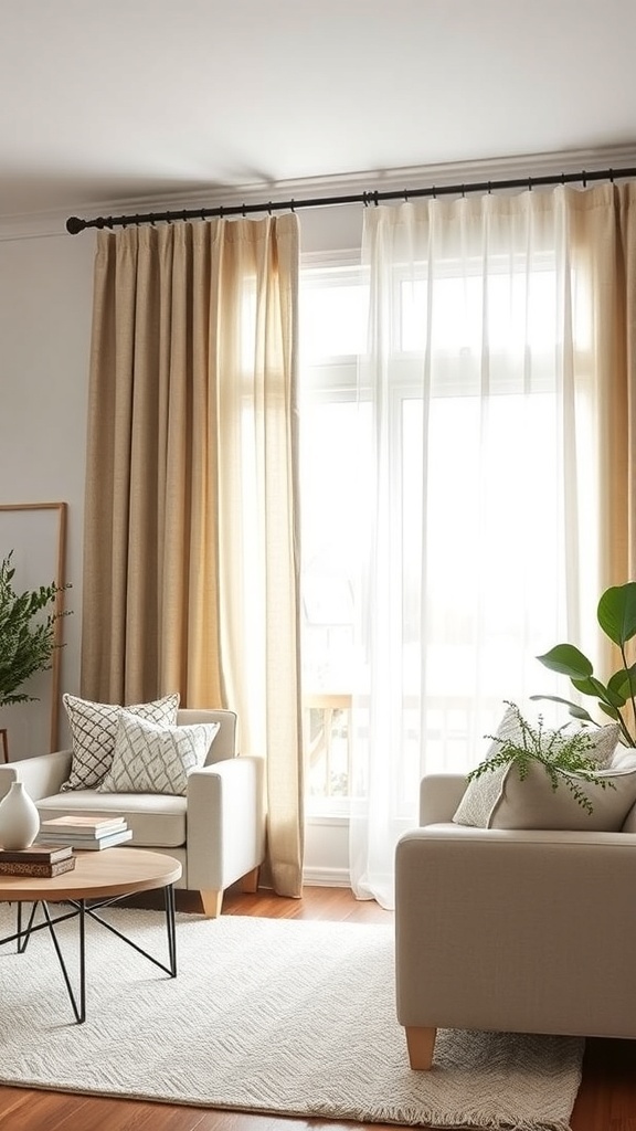 A cozy living room with layered curtains, featuring sheer and heavier fabrics, creating a warm atmosphere.