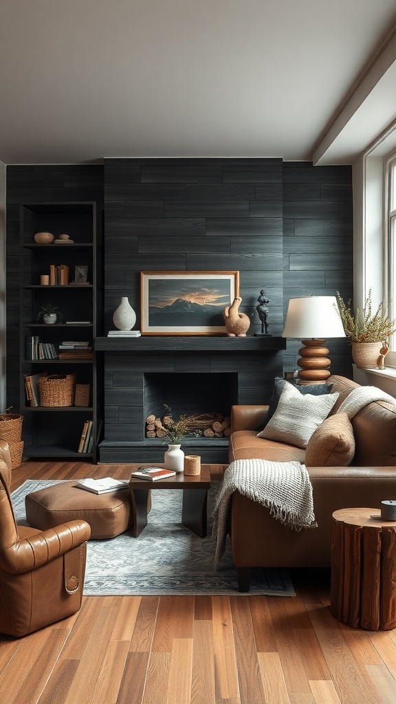 A cozy living room featuring a blend of leather, wood, and textiles, showcasing rustic modern design.