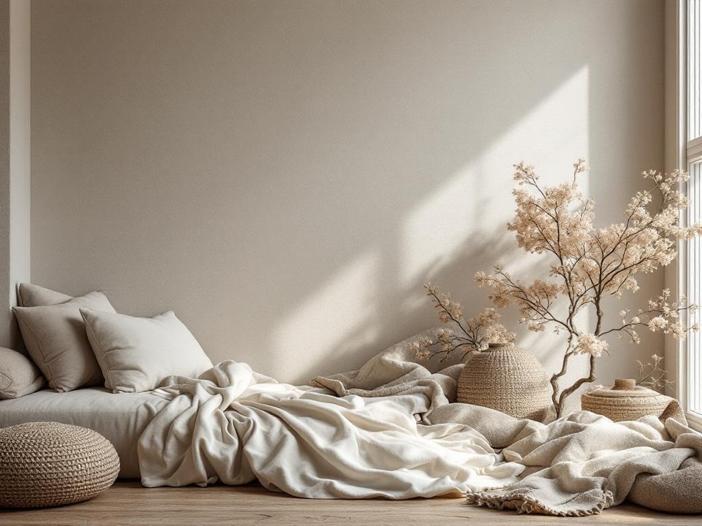 A cozy neutral home setting with soft bedding, cushions, and natural elements.