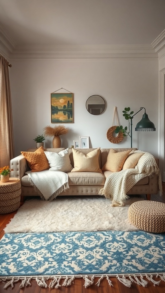 A cozy small living room with layered textures including a sofa with cushions, a patterned rug, and soft throws.